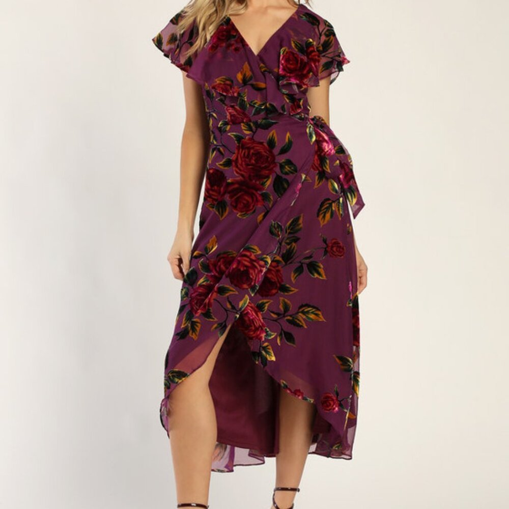 FLAWED Lulus Floral Passions Plum Purple Floral Velvet Wrap Midi Dress - Size XL